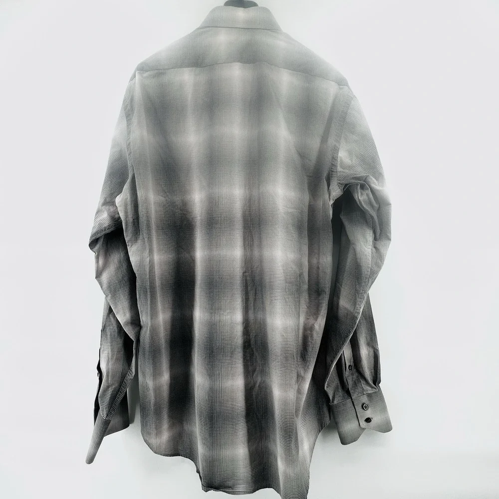 Thomas Dean Men's Shirt L Black Gray Gradient Plaid Long Sleeve Button Front‎